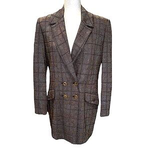 St. John Vintage Brown & Metallic Silver Plaid Double Breasted Blazer - 6